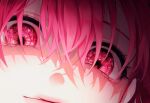  1girl 58_(opal_00_58) bangs close-up closed_mouth colored_sclera commentary english_commentary eye_focus eyelashes glowing glowing_eyes hair_between_eyes head_tilt highres looking_at_viewer multicolored_eyes original pink_eyes pink_hair rotated smile solo staring 