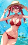  1girl bikini blue_sky breasts cleavage cloud cowboy_shot dasman21272223 day hat heterochromia highres hololive houshou_marine island large_breasts long_hair looking_at_viewer ocean outdoors red_bikini red_eyes red_hair sky solo sun_hat swimsuit twintails virtual_youtuber water yellow_eyes 