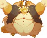  2_horns 5_toes anthro belly big_belly black_clothing black_shirt black_topwear blurred_foreground bottomwear broken_tusk claws clothed clothing dragon feet horn jewelry lifewonders male moobs necklace obese obese_anthro obese_male one_eye_closed opblaaskrokodil open_clothing open_shirt open_topwear ophion overweight overweight_anthro overweight_male pants red_eyes scalie shirt simple_background solo suspenders tan_bottomwear tan_clothing tan_pants thick_thighs toes tokyo_afterschool_summoners topwear tusks video_games white_background wings yellow_body 