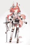  1girl animal_ears arknights armor armored_boots boots dated ear_covers ear_tag earpiece flametail_(arknights) full_body gauntlets long_hair ponytail red_hair smile solo squirrel_ears squirrel_girl squirrel_tail standing sword tail thigh_pouch thigh_strap thurim6 twitter_username weapon 