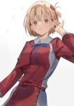  1girl absurdres bangs belt blonde_hair blue_ribbon cowboy_shot erulusyro grey_skirt hair_ribbon hand_on_ear highres jacket lycoris_recoil lycoris_uniform nishikigi_chisato one_side_up red_belt red_eyes red_jacket red_ribbon red_skirt ribbon short_hair skirt solo two-tone_skirt white_background 