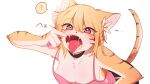  2022 4_fingers anthro big_breasts blonde_hair blush bodily_fluids braided_hair breasts brown_body brown_fur camisole cleavage clothed clothing countershading digital_media_(artwork) fangs felid female female_anthro finger_in_mouth fingers fur hair half-length_portrait hi_res japanese_text jee036 kemono mammal markings multicolored_body multicolored_fur multicolored_tail open_mouth pantherine pawpads pink_eyes portrait question_mark saliva sharp_teeth simple_background solo teeth text tiger tongue tongue_out translation_request white_background white_body white_fur yellow_body yellow_fur 