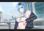  1girl absurdres bare_shoulders black_jacket blue_hair breasts cityscape closed_mouth eula_(genshin_impact) genshin_impact hairband highres jacket jewelry kyogree leather leather_jacket looking_at_viewer medium_breasts midriff navel necklace open_clothes open_jacket sky solo strapless tube_top upper_body yellow_eyes 