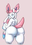  absurd_res anthro big_butt blue_eyes blush bratcatt butt eeveelution female generation_6_pokemon genitals hi_res looking_at_viewer nintendo pink_body pokemon pokemon_(species) pokemorph pussy rear_view smile solo sylveon thick_thighs video_games white_body 