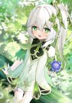  1girl blush dress elf flower flustered genshin_impact green_eyes half-closed_eyes highres holding holding_flower leaf looking_at_viewer mogumogumo_0 nahida_(genshin_impact) open_mouth outstretched_hand pointy_ears ponytail sitting solo symbol-shaped_pupils tree white_hair 