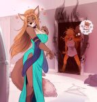  &lt;3 admiring_self angry anthro bedroom_eyes breasts burning canid canine choker cleavage clothed clothing death dress duo english_text fangs female female/female fluffy fluffy_tail fox glowing glowing_eyes growling hair hi_res imminent_death jewelry long_hair makeup mammal mirror nanihoo narrowed_eyes necklace red_hair seductive shawl smile smoke text thigh_slit thought_bubble towel towel_only 