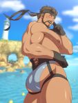  1boy artist_name ass bara beard belt blurry blurry_background blush brown_hair cliff cloud cloudy_sky eddlayer facial_hair feet_out_of_frame gloves hairy headband highres large_pectorals lighthouse looking_at_viewer male_focus male_underwear manly mature_male metal_gear_(series) metal_gear_solid nipples ocean open_mouth outdoors pectorals short_hair signature sky solid_snake solo teeth thick_arms thick_eyebrows thick_thighs thighs tongue underwear water 