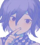  1boy bangs checkered_clothes checkered_scarf closed_mouth danganronpa_(series) danganronpa_v3:_killing_harmony hair_between_eyes hand_up highres index_finger_raised looking_at_viewer male_focus ototoi_(robosabe) ouma_kokichi portrait purple_eyes scarf short_hair simple_background solo white_background 