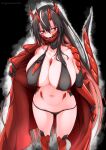  1girl bikini bikini_under_clothes black_bikini black_hair blush breasts colored_inner_hair cowboy_shot dragon_girl dragon_horns dragon_tail g_(genesis1556) highres horns huge_breasts jacket long_hair looking_at_viewer monster_girl multicolored_hair open_clothes open_jacket original red_eyes red_hair scales sharp_teeth solo swimsuit tail teeth two-tone_hair 