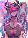  1girl armpits arms_behind_head arms_up asahi_(fullmetal_madness) bangs bare_shoulders black_one-piece_swimsuit blue_hair blush body_markings breast_grab breasts choker cleavage closed_mouth collarbone colored_skin fate/grand_order fate_(series) grabbing grey_skin horns huge_breasts ibuki_douji_(fate) ibuki_douji_(swimsuit_berserker)_(fate) ibuki_douji_(swimsuit_berserker)_(first_ascension)_(fate) large_breasts long_hair looking_at_viewer multicolored_hair one-piece_swimsuit oni oni_horns paizuri pink_hair pink_headwear pink_one-piece_swimsuit pointy_ears ponytail red_eyes sidelocks smile solo_focus swimsuit tail two-tone_hair two-tone_swimsuit visor_cap 