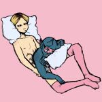  1:1 blonde_hair blue_body blue_skin boxers_(clothing) clothing conjoined demon demon_humanoid dreamscreep duo eyes_closed eyewear fan_character fangs footwear hair hi_res horn human humanoid humanoid_pointy_ears knee_highs legwear male mammal mask nipples not_furry pillow pink_nipples short_hair sleeping slim socks underwear vein 