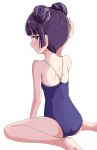  1girl barefoot black_hair blue_one-piece_swimsuit competition_school_swimsuit double_bun from_behind full_body gokou_ruri hair_bun highres long_hair looking_at_viewer looking_back mole mole_under_eye ore_no_imouto_ga_konna_ni_kawaii_wake_ga_nai purple_eyes school_swimsuit simple_background sitting solo swimsuit takatsuki_akira wariza white_background 