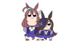  2girls ahoge animal_ears bkub_(style) blue_eyes blue_flower blue_headwear blue_rose bow bowtie brown_footwear brown_hair commentary flower full_body hair_between_eyes hair_over_one_eye hairband hasegawa_ikumi hat hat_flower horse_ears horse_girl horse_tail horseshoe_ornament iwami_manaka kedama_(touhou0514) long_hair looking_at_viewer mihono_bourbon_(umamusume) multiple_girls pleated_skirt poptepipic purple_eyes purple_serafuku purple_shirt purple_skirt rice_shower_(umamusume) rose sailor_collar sailor_shirt school_uniform serafuku shirt simple_background skirt socks tail tilted_headwear tracen_school_uniform umamusume white_background white_bow white_bowtie white_socks 