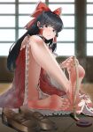  1girl absurdres bangs barefoot black_hair blurry blurry_background blush bow brown_footwear chinese_commentary commentary_request detached_sleeves dress eyelashes feet foot_focus foot_up frilled_bow frills greek_toe hair_bow hair_tubes hakurei_reimu head_tilt highres indoors knee_up legs loafers long_hair long_legs looking_at_viewer measuring panties pantyshot red_bow red_dress red_eyes shiny shiny_hair shoes sidelocks sitting smell soles solo steaming_body tape_measure thighs toenails toes touhou tsa underwear 
