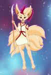  absurd_res anthro canid canine feet female fox glowing hi_res mainarts mammal melee_weapon polearm shortdress solo spear tails_(disambiguation) toes weapon 