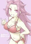  1girl akara_kai bikini breasts cleavage cowboy_shot dated grin hand_on_hip highres jun&#039;you_(kancolle) kantai_collection large_breasts long_hair looking_at_viewer pink_background purple_eyes purple_hair red_bikini side-tie_bikini_bottom simple_background smile solo spiked_hair swimsuit twitter_username 