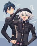  2boys :d ahoge bangs black_hair black_headwear black_jacket brown_eyes buttons cheer_(cheerkitty14) danganronpa_(series) danganronpa_v3:_killing_harmony double-breasted grey_background grey_eyes grey_hair hair_between_eyes hand_on_hip highres jacket keebo looking_at_another looking_at_viewer male_focus medium_hair multicolored_background multiple_boys pants power_armor saihara_shuuichi shiny shiny_hair smile striped striped_jacket striped_pants teeth upper_body upper_teeth 