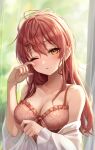  1girl absurdres bangs bare_shoulders bed_sheet blurry blurry_background blush breasts camisole cleavage collarbone dot_nose hair_between_eyes highres holding holding_sheet idolmaster idolmaster_cinderella_girls jougasaki_mika kudou_(sikisiki0000) long_hair looking_at_viewer medium_breasts messy_hair one_eye_closed parted_lips red_camisole red_hair rubbing_eyes sidelocks solo spaghetti_strap tearing_up upper_body waking_up yellow_eyes 