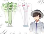  1boy absurdres bangs black_hair blue_necktie breast_pocket cat closed_mouth collared_shirt diglett grey_shirt highres looking_at_another necktie pocket pokemon pokemon_(game) pokemon_sv shirt short_hair smile sprigatito standing zero_artbox 