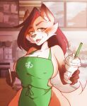  anthro apron apron_only beverage big_breasts biped blush breasts cafe cleavage clothed clothing digital_media_(artwork) drinking_straw female green_apron green_eyes hair half-length_portrait holding_beverage holding_object holding_pen inside long_hair looking_at_viewer mammal mostly_nude nipple_outline open_mouth pen pink_tongue portrait shaded solo spider_bones standing tongue tongue_out 
