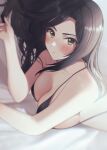  1girl bed_sheet bikini black_bikini black_hair blush breasts cleavage collarbone highres idolmaster idolmaster_cinderella_girls long_hair looking_at_viewer lying mukai_takumi on_stomach shangzi solo straight_hair string_bikini swimsuit very_long_hair 