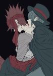  2boys bangs biting black_background black_cape black_headwear blood brown_hair cape danganronpa_(series) danganronpa_v3:_killing_harmony facial_hair from_side goatee grey_shirt hairband hug hug_from_behind male_focus momota_kaito multiple_boys neck_biting off_shoulder ore_sensei red_hairband saihara_shuuichi shirt short_hair simple_background sketch spiked_hair vampire 