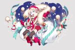  1girl antenna_hair blonde_hair blue_eyes boots bow bowtie braid breasts christmas elf gloves hat holly kuze_(ira) open_mouth original outstretched_arms pointy_ears red_gloves red_headwear santa_hat small_breasts snowman solo_focus star_ornament starry_background teeth thighhighs upper_teeth 