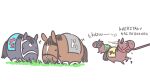  4others bridle chibi deep_bond_(racehorse) do_deuce_(racehorse) eating highres leg_up multiple_others real_life romaji_text simple_background stay_foolish_(racehorse) takatsuki_nato titleholder_(racehorse) translated white_background 