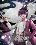  1boy :d artist_name bangs barry_nah black_background collared_shirt danganronpa_(series) danganronpa_v3:_killing_harmony facial_hair goatee highres holding holding_smoking_pipe jacket long_sleeves male_focus momota_kaito open_clothes open_jacket open_shirt pants pink_jacket pink_pants planet print_shirt purple_hair shiny shiny_hair shirt smile smoking_pipe solo space spiked_hair teeth upper_teeth 
