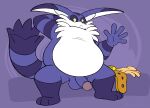  anthro balls big_the_cat clothing domestic_cat erection felid feline felis fingers fur gatogallery genitals gesture humanoid_genitalia humanoid_penis looking_at_viewer male mammal nude overweight penis purple_body sega sitting solo sonic_the_hedgehog_(series) waving 