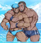  2boys abs absurdres archie_(pokemon) bandana bara bead_necklace beads beard biceps bulge closed_eyes cloud cloudy_sky couple dark-skinned_male dark_skin facial_hair fangs feet_out_of_frame graysheartart highres hug jewelry large_pectorals looking_at_another male_focus male_swimwear manly matt_(pokemon) mature_male multiple_boys muscular muscular_male necklace nipples ocean one_eye_closed outdoors pectorals pokemon pokemon_(game) pokemon_oras pubic_hair scar sky smile swim_briefs teeth thick_arms thick_eyebrows thick_thighs thighs tongue water yaoi 