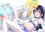  2girls all_fours arm_support ass ayase_eli bangs bare_shoulders blonde_hair blue_eyes blue_hair blush bodypaint boots choker crop_top earrings elbow_gloves embarrassed eye_contact fingerless_gloves gloves hair_between_eyes hair_down highres jewelry knee_up leaning_back long_hair looking_at_another love_live! love_live!_school_idol_project midriff multiple_girls nanatsu_no_umi navel open_mouth race_queen ribbon simple_background sonoda_umi stomach swept_bangs thigh_boots white_background white_gloves yellow_eyes yuri 
