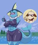  arm_under_breasts big_breasts blush bodypaint breasts eeveelution female generation_1_pokemon generation_2_pokemon genitals hi_res inverted_nipples nineka nintendo nipples pokemon pokemon_(species) pussy smeargle thick_thighs tongue tongue_out vaporeon video_games water 