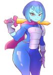  absurdres armor bangs black_bodysuit blue_hair blue_skin bodysuit colored_skin deltarune gloves hair_between_eyes highres holding holding_sword holding_weapon kris_(deltarune) kurosu169 over_shoulder pink_scarf red_eyes scarf short_hair sword weapon weapon_over_shoulder 