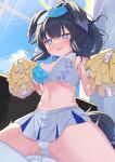  1boy 1girl absurdres animal_ears bare_shoulders black_hair blue_archive blue_eyes blush breasts cameltoe cheerleader cleavage crop_top dog_ears dog_girl dog_tail eyewear_on_head girl_on_top goggles goggles_on_head halo hetero hibiki_(blue_archive) hibiki_(cheerleader)_(blue_archive) highres indoors long_hair looking_at_viewer midriff navel panties pom_pom_(cheerleading) sensei_(blue_archive) skirt spread_legs straddling sweat tail templus underwear white_panties 