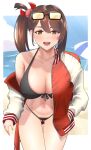  1girl :d alternate_costume azur_lane beach bikini bikini_under_clothes black_bikini breasts brown_hair cowboy_shot eyewear_on_head front-tie_bikini_top front-tie_top hair_ornament highres jacket juuichiban kanzashi large_breasts long_hair looking_at_viewer open_clothes open_jacket smile sukajan swimsuit zuikaku_(azur_lane) 