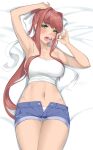 1girl absurdres arm_up armpits bangs bed_sheet breasts brown_hair byeon_dha camisole candy commentary commission cowboy_shot crop_top denim denim_shorts doki_doki_literature_club english_commentary food green_eyes hair_intakes hand_up highres holding holding_food large_breasts lollipop long_hair looking_at_viewer lying midriff monika_(doki_doki_literature_club) navel on_back open_fly open_mouth panties ponytail short_shorts shorts solo spaghetti_strap stomach thighs tongue tongue_out underwear very_long_hair white_panties 