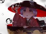  1girl arm_up bangs black_bow bow commentary_request highres in_bowl in_container japanese_clothes kimono long_sleeves minigirl monosenbei open_mouth parted_bangs purple_hair red_eyes red_kimono solo sukuna_shinmyoumaru touhou water_drop wide_sleeves 