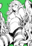  1girl absurdres bare_shoulders breasts clothes_writing commentary feathered_wings feathers green_background green_eyes green_theme greyscale_with_colored_background harpy highres impossible_clothes licking_lips long_hair medium_breasts messy_hair midriff monet_(one_piece) monster_girl navel one_piece solo spot_color striped striped_thighhighs thighhighs tongue tongue_out very_long_hair winged_arms wings yotsumi_shiro 