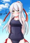  1girl alternate_costume arms_behind_back blue_sky blush breasts brown_eyes cloud collarbone day embarrassed hair_between_eyes hairband highres innertube kantai_collection long_hair looking_at_viewer medium_breasts outdoors ponytail school_swimsuit shoukaku_(kancolle) sky sweatdrop swimsuit t_(dyuhuhudyukusi) twitter_username white_hair yellow_eyes 