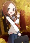  1girl :d absurdres bangs black_sailor_collar blue_skirt blush brown_eyes brown_hair commentary_request forehead ginkgo_leaf hand_up highres holding jiu_(sdesd3205) karakai_jouzu_no_takagi-san leaf long_hair long_sleeves looking_at_viewer neckerchief outdoors parted_bangs pleated_skirt red_neckerchief sailor_collar school_briefcase school_uniform serafuku shirt skirt smile solo sunset takagi-san tree white_shirt 