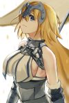  1girl absurdres armor armored_dress bangs blonde_hair blue_eyes breasts chain collar eyebrows_hidden_by_hair fate/apocrypha fate/grand_order fate_(series) flag hair_between_eyes headpiece highres holding holding_flag jeanne_d&#039;arc_(fate) jeanne_d&#039;arc_(ruler)_(fate) large_breasts long_hair looking_at_viewer sideboob smile solo taruto_(takug0812) upper_body 
