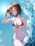  1girl bikini black_bikini blue_sky blurry blurry_foreground breasts brown_hair collarbone front-tie_bikini_top front-tie_top hand_on_eyewear highres idolmaster idolmaster_cinderella_girls ka_(reonkat) kamijo_haruna looking_at_viewer navel red-framed_eyewear side-tie_bikini_bottom sky small_breasts smile solo splashing sun sunlight swimsuit water_drop 