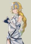  1girl absurdres armor armored_dress bangs belt blonde_hair braid braided_ponytail breasts chain clapping closed_mouth eyebrows_hidden_by_hair fate/apocrypha fate/grand_order fate_(series) grey_background headpiece highres jeanne_d&#039;arc_(fate) jeanne_d&#039;arc_(ruler)_(fate) long_hair looking_at_viewer ponytail simple_background smile solo taruto_(takug0812) 