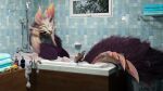  16:9 2021 3d_(artwork) 4k absurd_res ambiguous_gender bath bathing bathroom bodily_fluids bubble capcom claws detailed_background digital_media_(artwork) dispenser feet feral fluffy fluffy_chest fluffy_tail fur green_body green_scales hair hand_on_head hi_res inside ivorylagiacrus leviathan_(mh) looking_at_viewer ludroth lying mane mizutsune monster_hunter on_back open_mouth pink_body pink_scales purple_body purple_fur purple_hair royal_ludroth scales scalie shampoo shampoo_bottle size_difference soap soap_dispenser solo sponge teeth video_games water wet white_body white_scales widescreen window 
