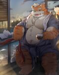  2022 anthro belly beverage cai_yuwang clothing coffee countershading detailed_background felid humanoid_hands inside kemono male mammal moobs navel overweight overweight_male pantherine robe sitting solo tiger 