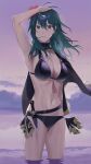  1girl absurdres arm_up bangs bikini black_bikini black_cape blue_eyes blue_hair breasts byleth_(fire_emblem) byleth_(fire_emblem)_(female) byleth_(summer)_(fire_emblem)_(female) cape cleavage closed_mouth cloud collarbone commentary cowboy_shot dagger e5nf8v evening fire_emblem fire_emblem:_three_houses fire_emblem_heroes floating_hair flower hair_between_eyes hair_flower hair_ornament halterneck hibiscus highres knife large_breasts long_hair looking_at_viewer midriff navel ocean official_alternate_costume outdoors ribbon sheath sheathed sidelocks single_bang solo standing swimsuit tassel wading weapon wet wrist_ribbon 