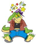  2021 3_toes 4_fingers alligator alligatorid anthro bottomwear brok_(character) brok_the_investigator clothing countershading crocodilian feet fingers hat headgear headwear hi_res humanoid_hands jollyville pants reptile scalie shirt sitting solo toes tongue tongue_out topwear video_games 