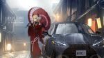  1girl bangs blonde_hair blue_eyes car character_name city closed_mouth demon_horns demon_wings feet_out_of_frame gradient_hair ground_vehicle highres holding holding_umbrella hololive horns japanese_clothes kimono lexus long_hair long_sleeves motor_vehicle multicolored_hair nail_polish outdoors rain red_hair red_kimono red_nails solo standing umbrella v virtual_youtuber wings you&#039;a yuzuki_choco 