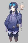  2boys black_choker chibi choker english_text full_body genshin_impact grey_background hand_in_pocket headphones headphones_around_neck highres jacket kaedehara_kazuha multicolored_hair multiple_boys purple_eyes purple_hair purple_jacket red_hair scaramouche_(genshin_impact) short_hair simple_background streaked_hair sunglasses tirlleneill white_hair 